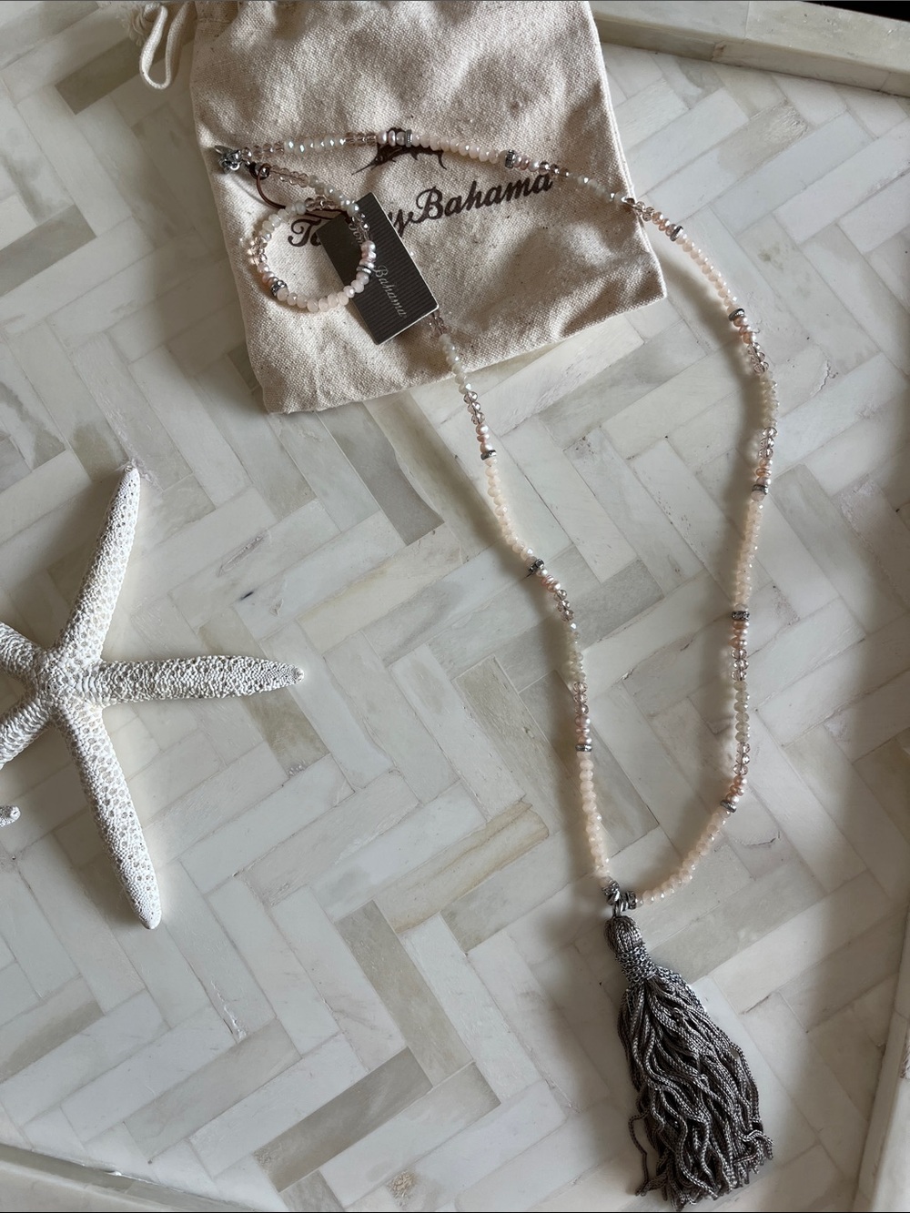 NWT Tommy Bahama Pale Blush & Gray Beaded Necklace with Gray Tassel